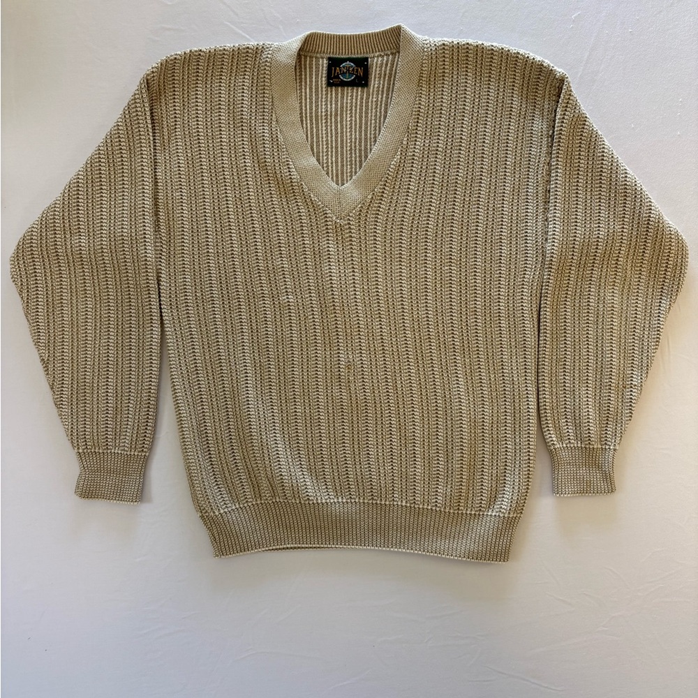 Jantzen Vintage Waffle Knit Long Sleeve V-Neck Sweater, Mens Large, Beige
